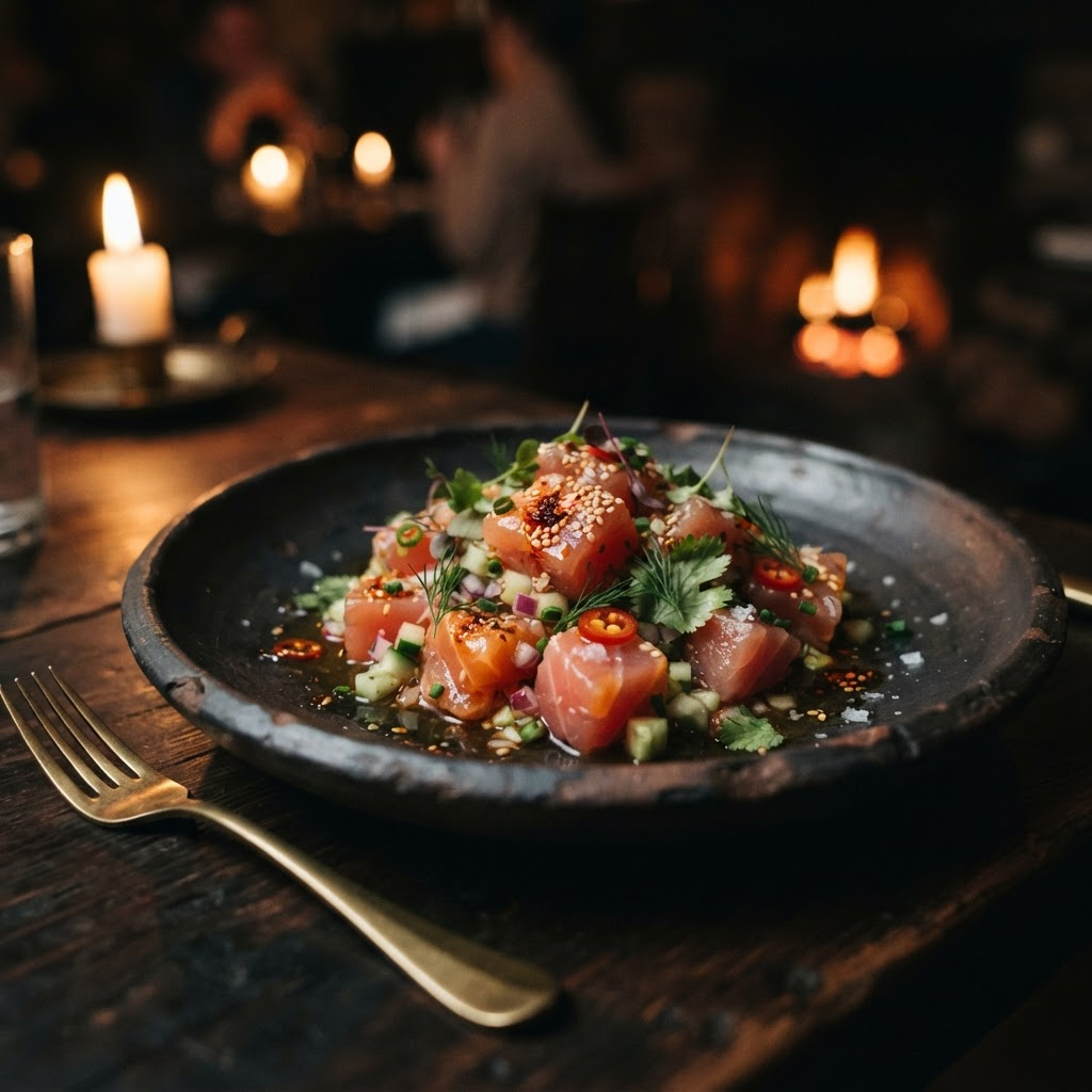 Elegant tuna ceviche with citrus and herbs on dark artisan ceramic
