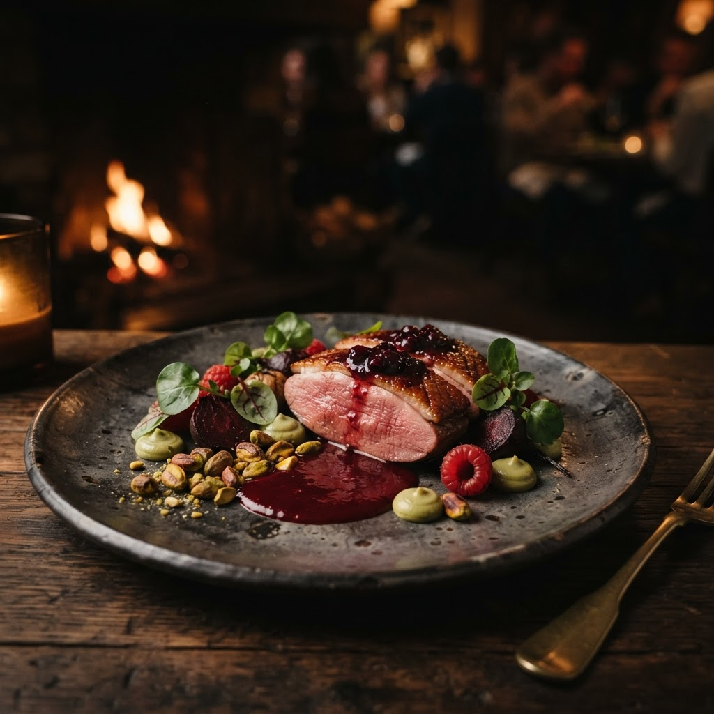 Roasted duck with pistachio and raspberry on dark rustic ceramic