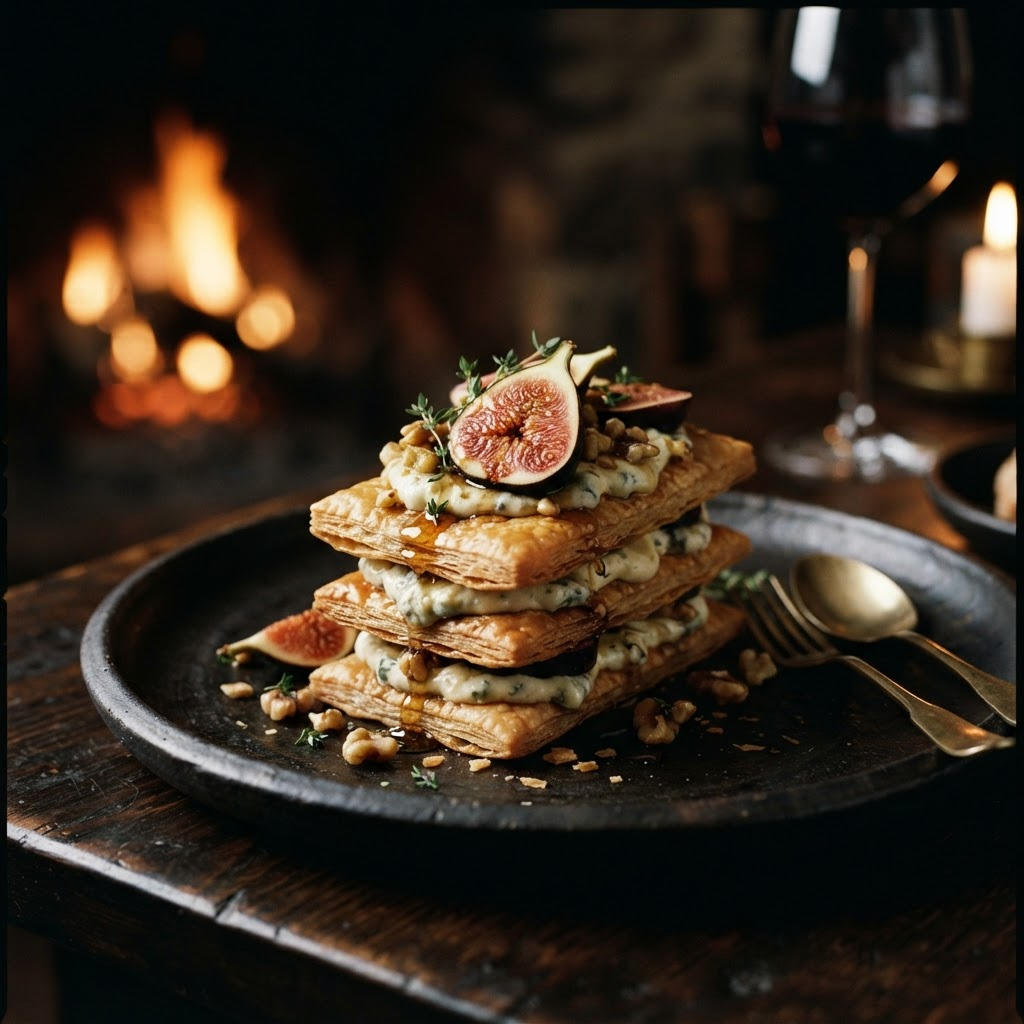 Fig, gorgonzola and mille-feuille dessert on dark ceramic