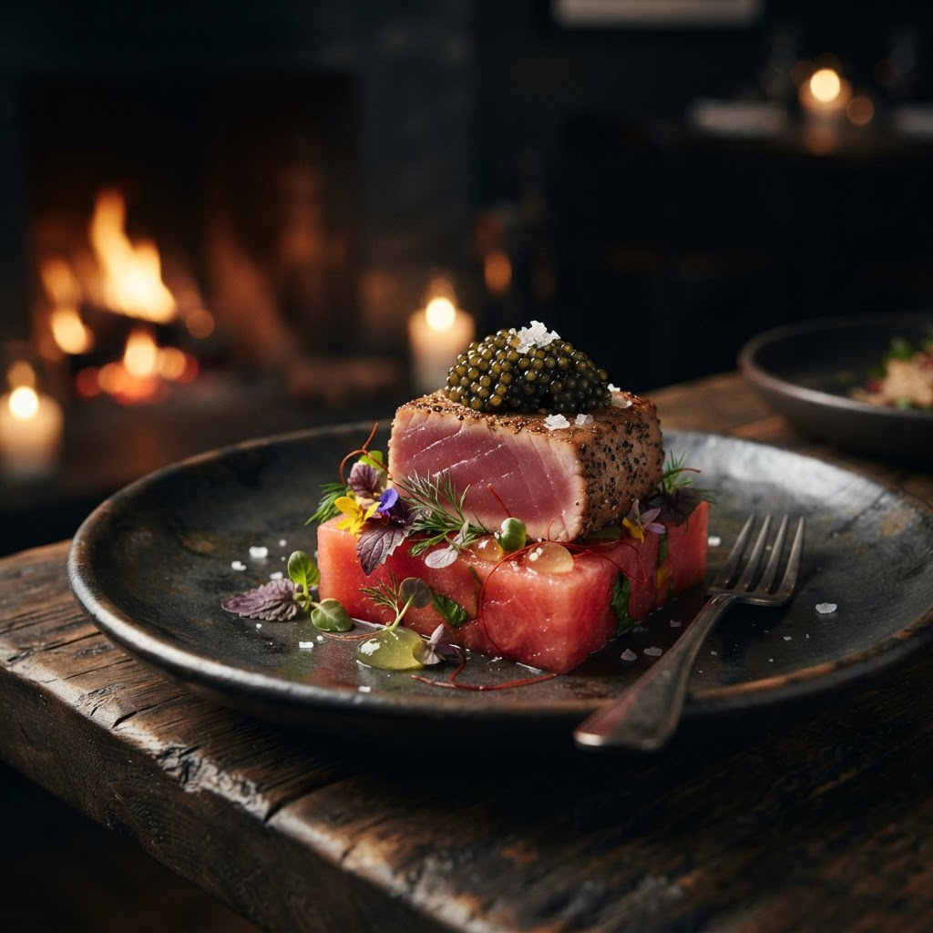 Watermelon, seared tuna and black caviar plated on dark ceramic