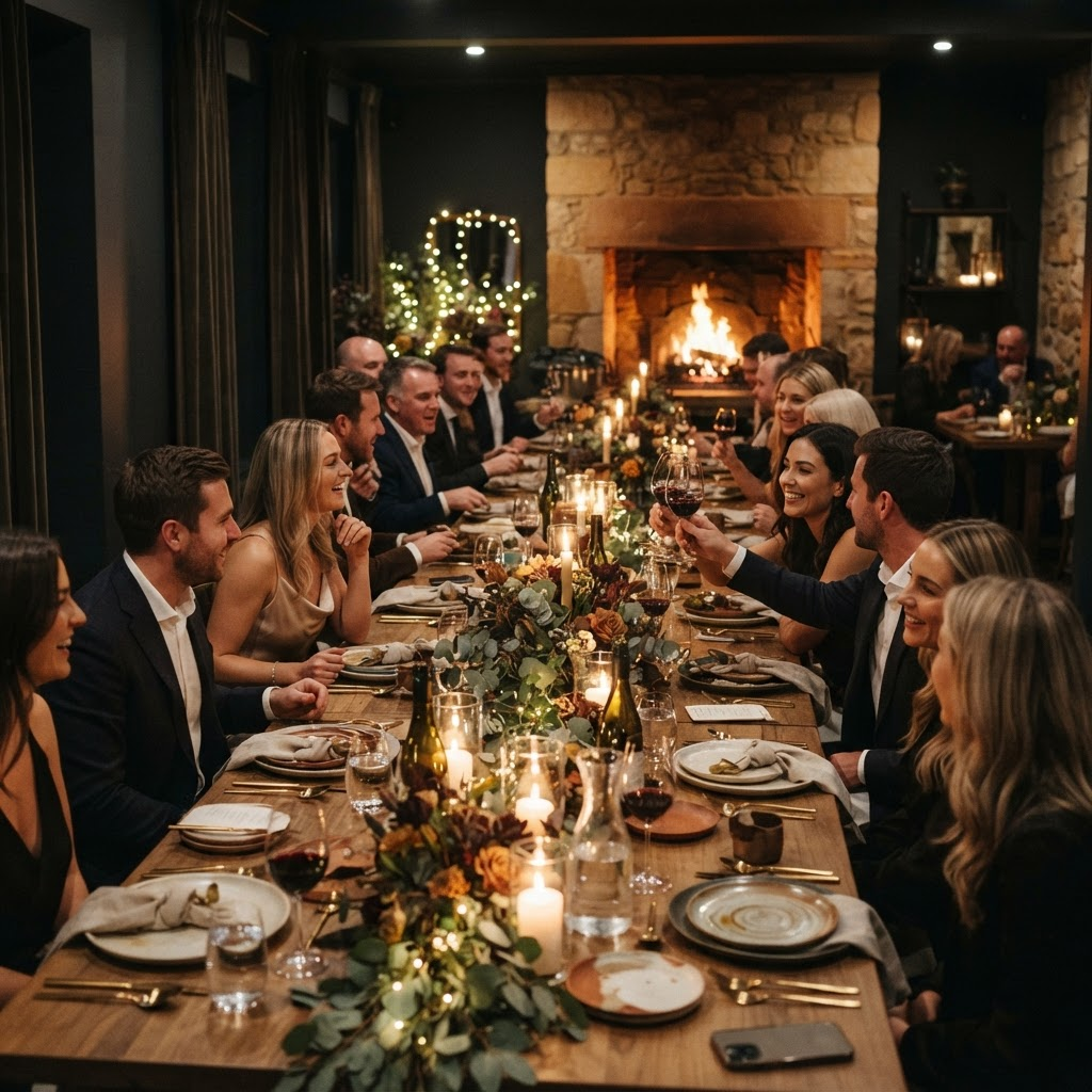 A long candlelit dinner table set for a private celebration with many guests