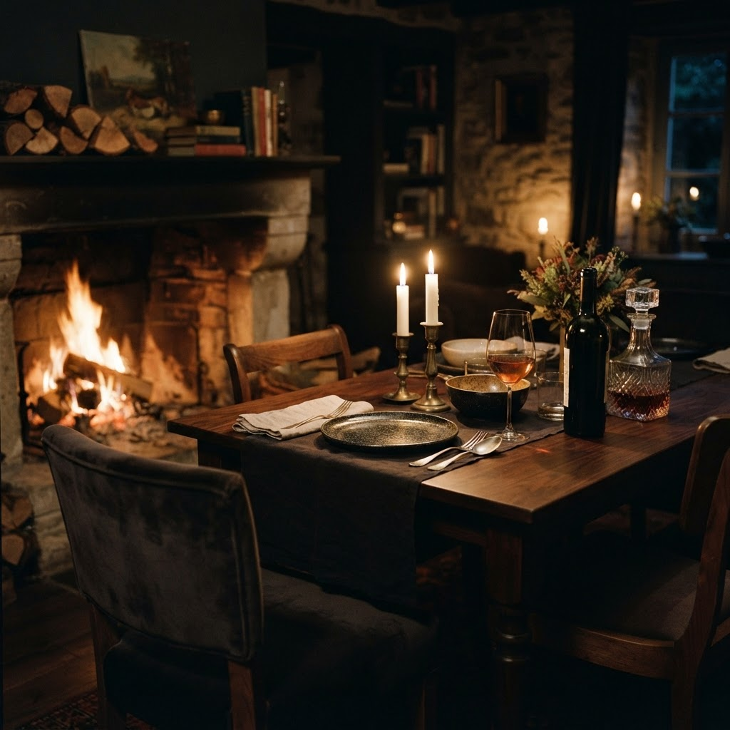 A fireplace, red wine and a beautifully set dinner table in a dark warm room