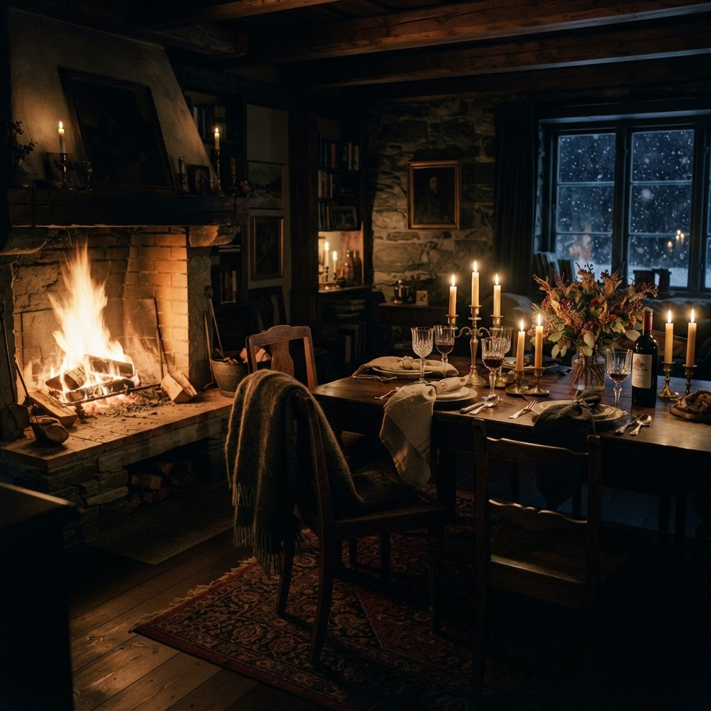 A warm fireplace beside a candlelit dinner table on a winter night