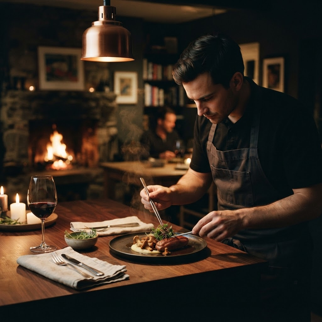 Chef Mr. Yurii plating a course by firelight at a private dinner