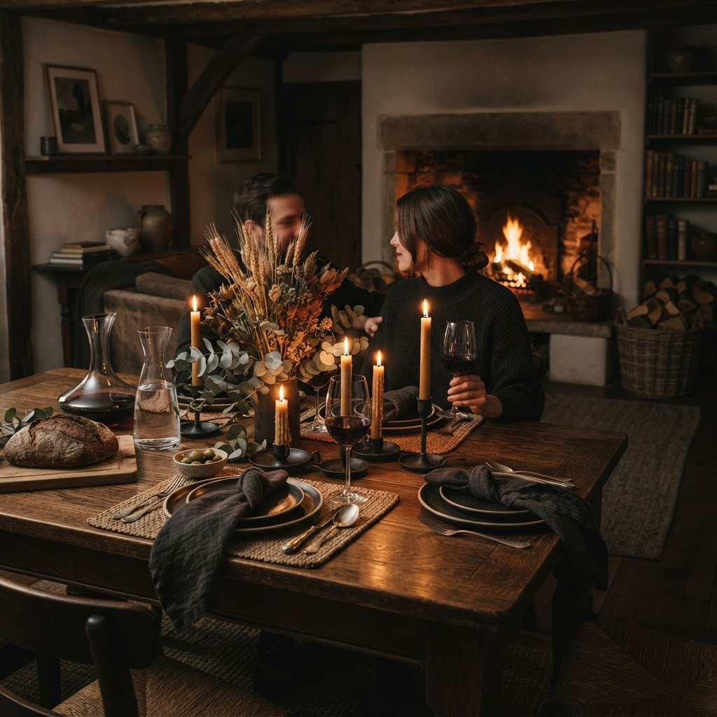 A candlelit dark wood dining table set with linen, wine and ceramics