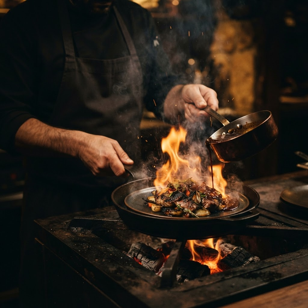 Chef finishing a dish with fire and smoke in front of dinner guests